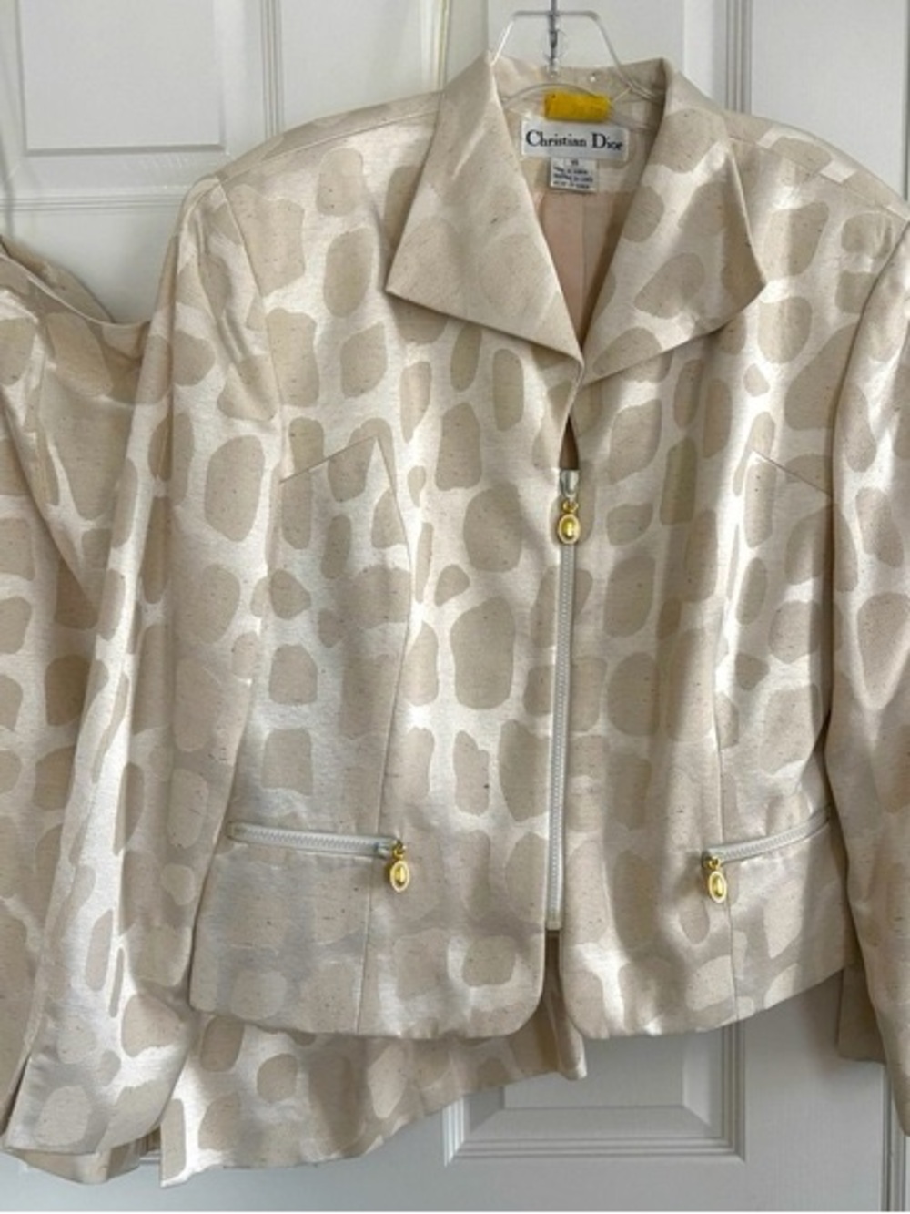 VINTAGE CHRISTIAN DIOR Cream and Beige Patterned Zip-Front Jacket + Skirt Set